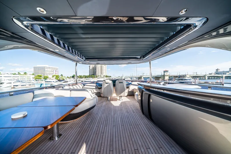 Record Year Yacht Photos Pics Luxurious 2021 Princess Y85 Motor Yacht deck with elegant seating and waterfront view.