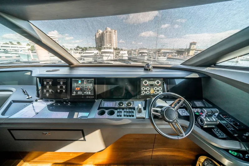 Record Year Yacht Photos Pics Helm of 2021 Princess Y85 Motor Yacht with advanced navigation controls and panoramic view.