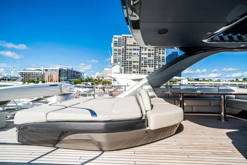 Record Year Yacht Photos Pics Luxurious 2021 Princess Y85 Motor Yacht deck with modern seating and cityscape backdrop.
