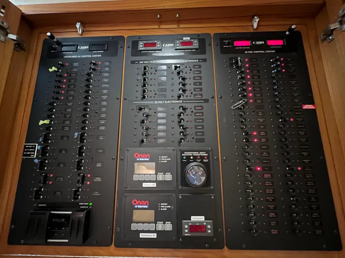 Pacific Adventures Yacht Photos Pics Electrical control panel of a 2008 Cabo 52 Express boat.