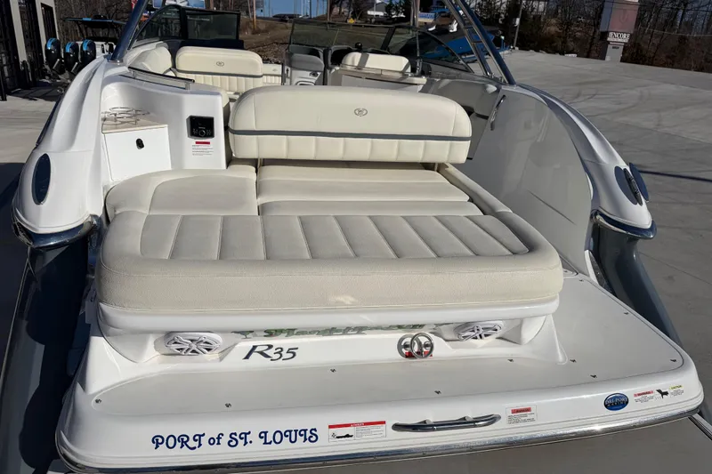  Yacht Photos Pics 2019 Cobalt R35 boat with white seating, docked at Port of St. Louis.