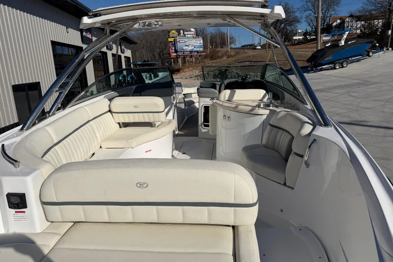  Yacht Photos Pics 2019 Cobalt R35 boat interior with white seating and sleek design.
