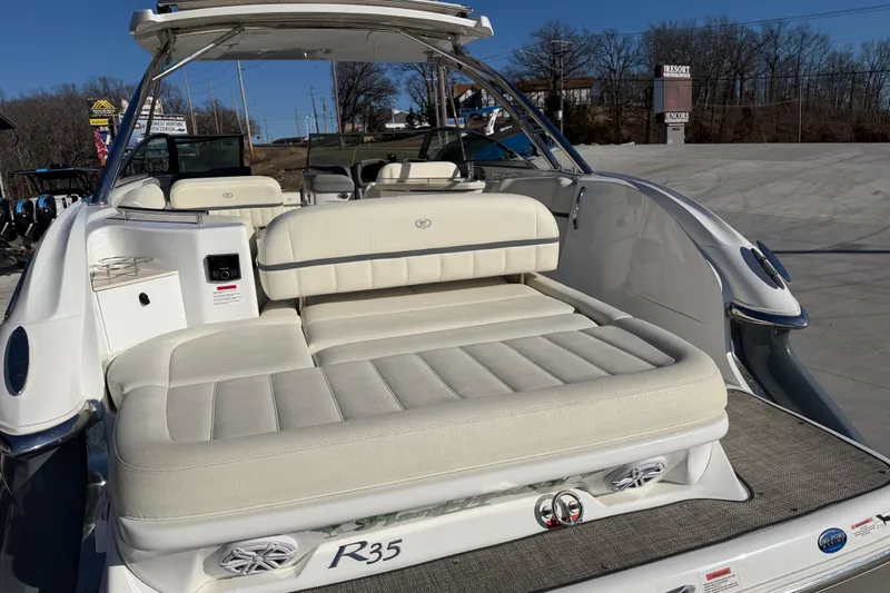  Yacht Photos Pics 2019 Cobalt R35 boat with spacious white seating and modern design.