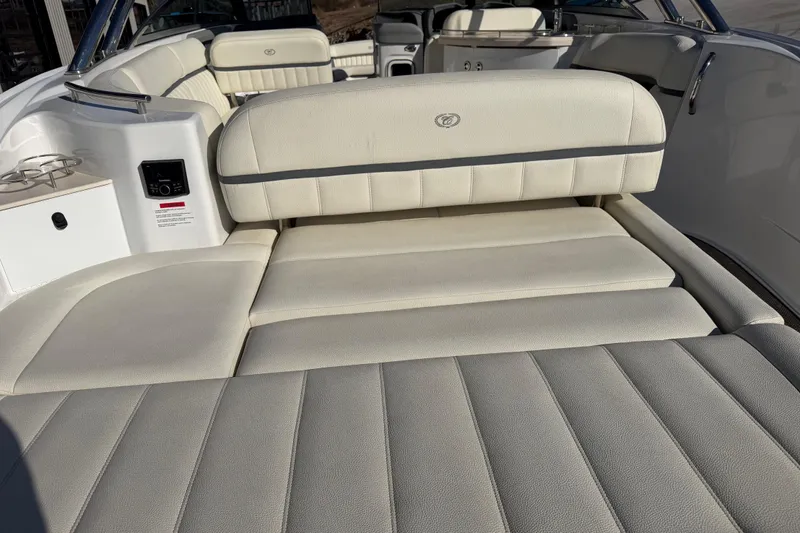  Yacht Photos Pics Luxurious interior of a 2019 Cobalt R35 boat with plush white seating.