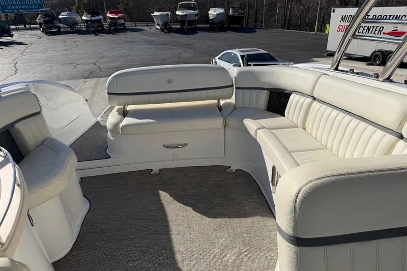  Yacht Photos Pics 2019 Cobalt R35 boat interior with white seating and spacious layout.