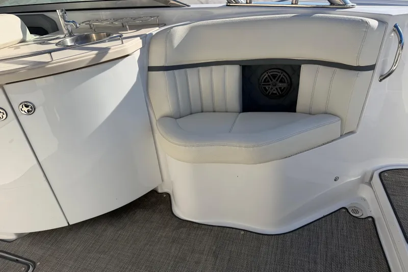  Yacht Photos Pics 2019 Cobalt R35 boat interior with white seating and built-in speaker.