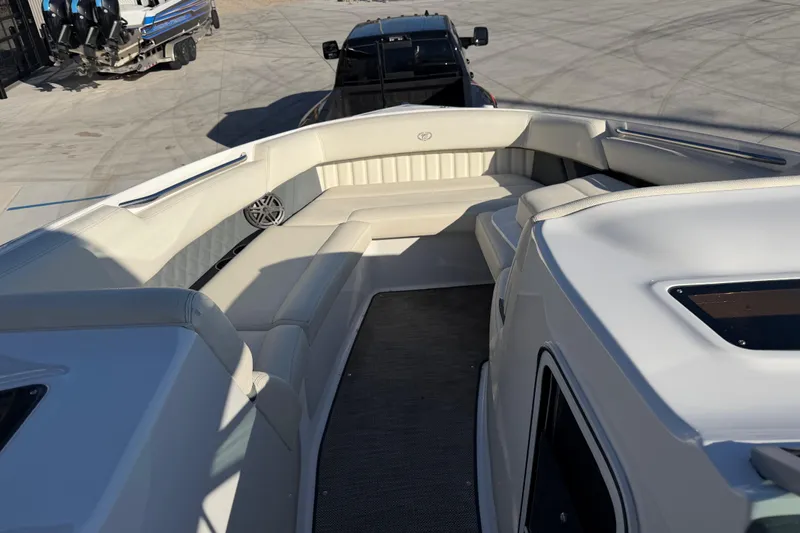  Yacht Photos Pics 2019 Cobalt R35 boat interior with beige seating and modern design.