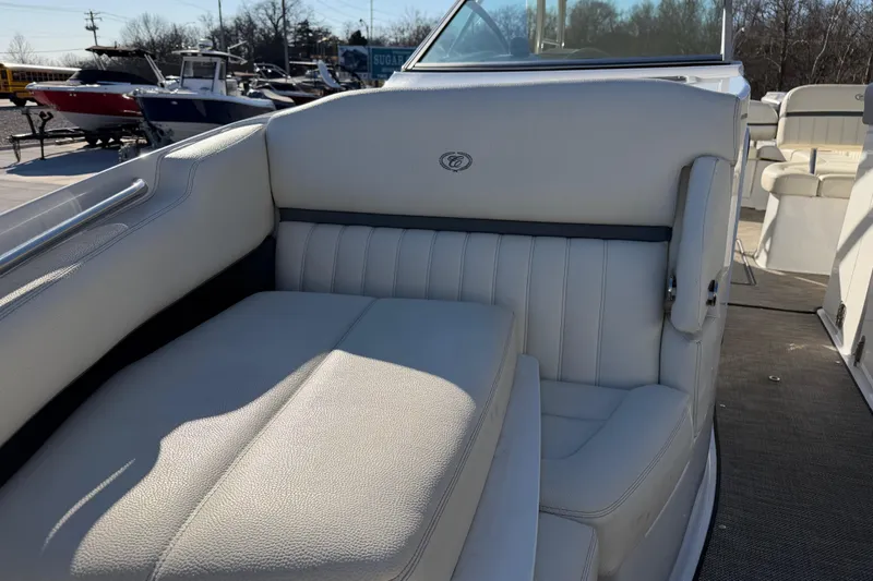  Yacht Photos Pics 2019 Cobalt R35 boat interior with white leather seating and sleek design.