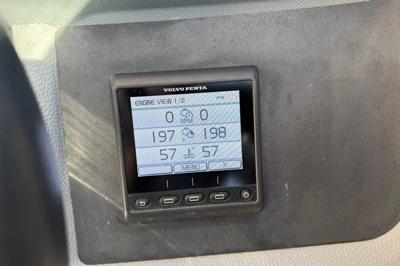  Yacht Photos Pics Volvo Penta engine display in 2019 Cobalt R35 boat showing RPM and temperature.