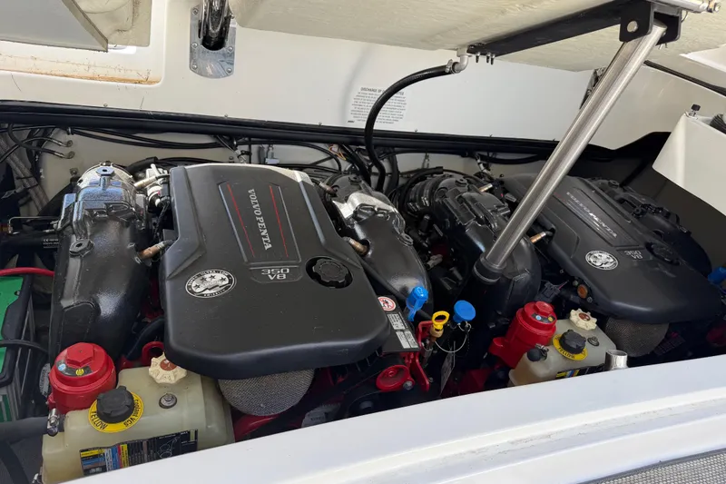  Yacht Photos Pics 2019 Cobalt R35 engine compartment featuring dual Volvo Penta 350 V8 engines.