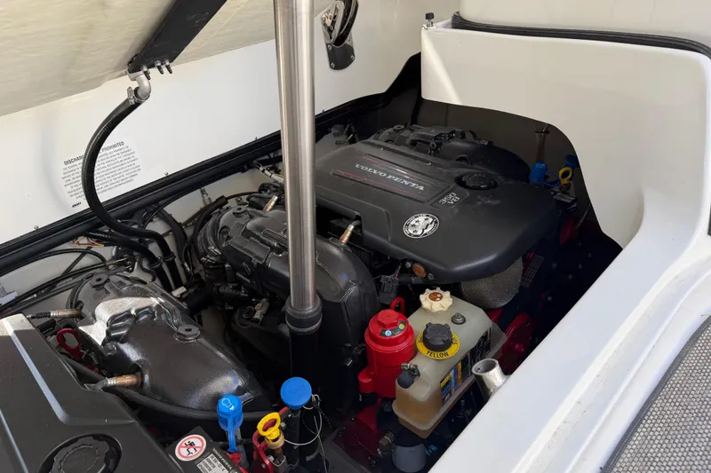  Yacht Photos Pics Engine compartment of a 2019 Cobalt R35 boat, featuring a Volvo Penta engine.