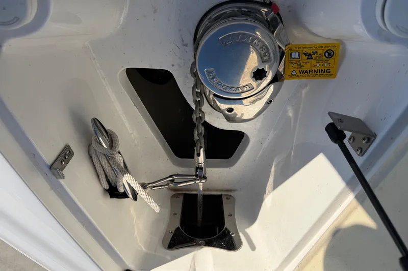  Yacht Photos Pics Anchor compartment of 2019 Cobalt R35 boat with chain and rope storage.