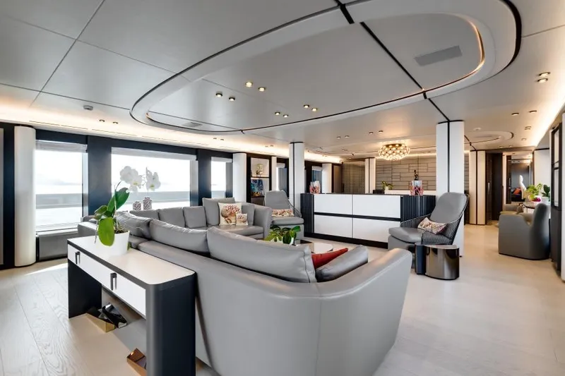 L.a.u.l Yacht Photos Pics Luxurious interior of 2019 ISA Extra 130 yacht with modern seating and elegant decor.