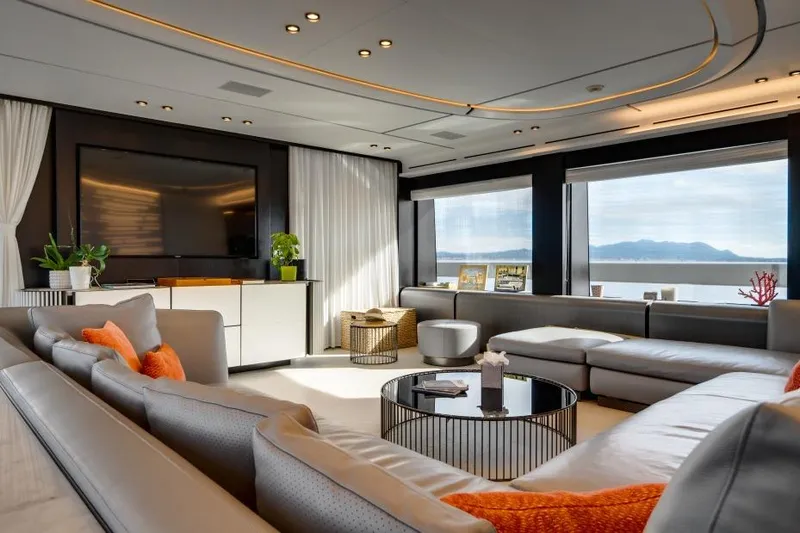 L.a.u.l Yacht Photos Pics Luxurious yacht interior with modern decor, large windows, and comfortable seating, ISA Extra 130, 2019.