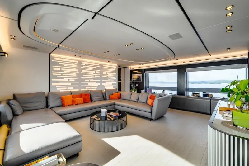 L.a.u.l Yacht Photos Pics Luxurious modern yacht interior with sleek design, featuring a spacious lounge and panoramic windows.