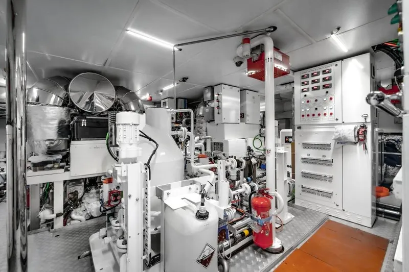 L.a.u.l Yacht Photos Pics Engine room of 2019 ISA Extra 130 yacht, featuring advanced machinery and control panels.
