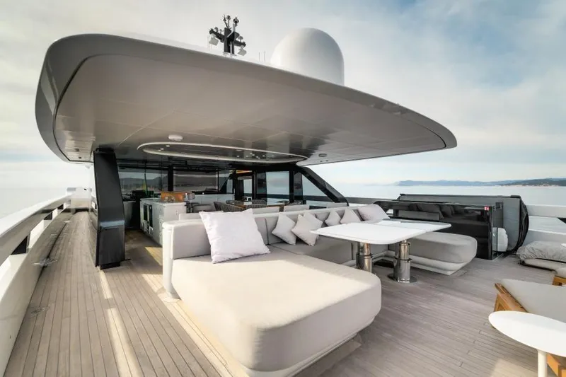 L.a.u.l Yacht Photos Pics Luxurious 2019 ISA Extra 130 yacht deck with modern seating and ocean view.