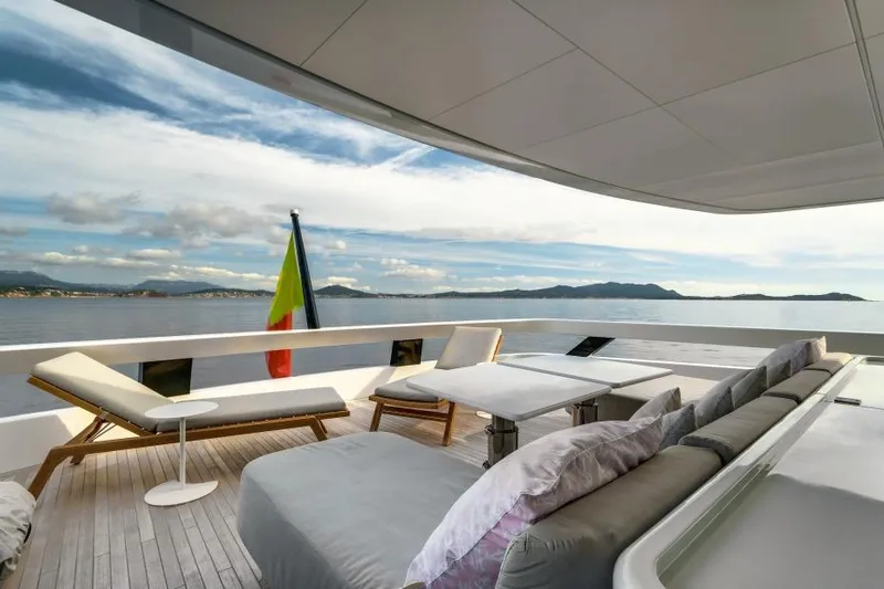 L.a.u.l Yacht Photos Pics Luxurious 2019 ISA Extra 130 yacht deck with lounge chairs and ocean view.