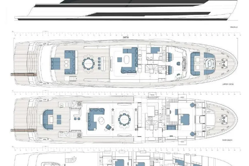 L.a.u.l Yacht Photos Pics Blueprint of 2019 ISA Extra 130 yacht, showcasing profile and deck layouts.
