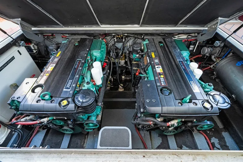 Oberwolf Yacht Photos Pics Engine room of 2009 EagleCraft 47' Pilothouse with dual Volvo Penta engines.