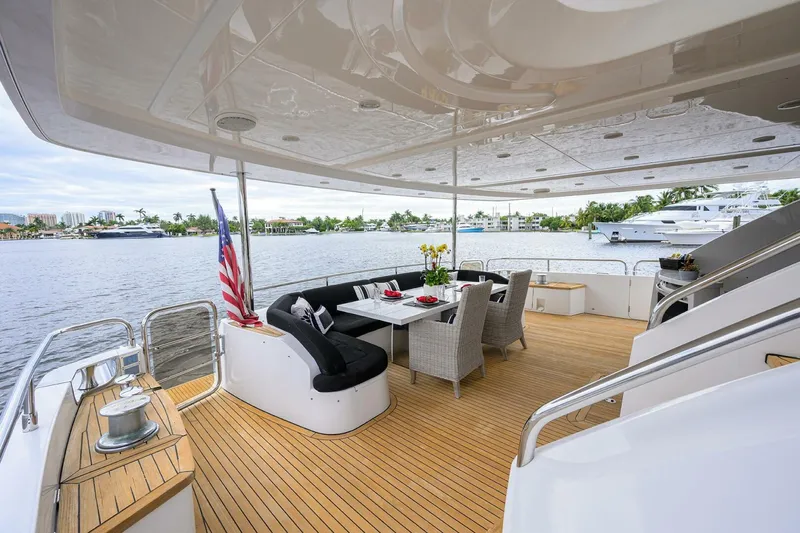 21 Sea Sands Yacht Photos Pics Luxurious 2009 Princess 95 yacht deck with elegant seating and scenic waterfront view.