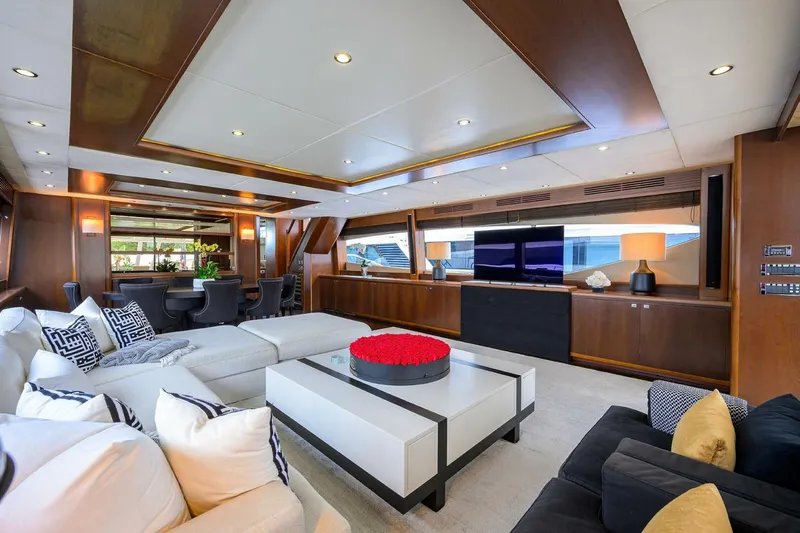 21 Sea Sands Yacht Photos Pics Luxurious interior of 2009 Princess 95 yacht with modern furnishings and elegant decor.