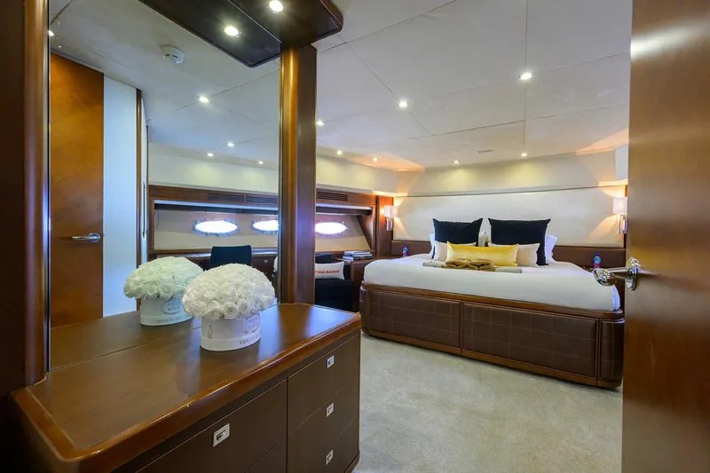 21 Sea Sands Yacht Photos Pics Luxurious bedroom interior on 2009 Princess 95 yacht with elegant decor and ambient lighting.