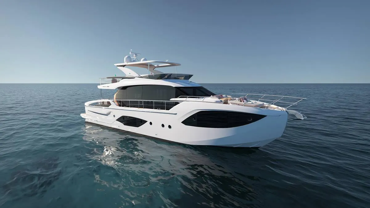 Luxurious 2026 Absolute 70' Fly yacht cruising on open sea.