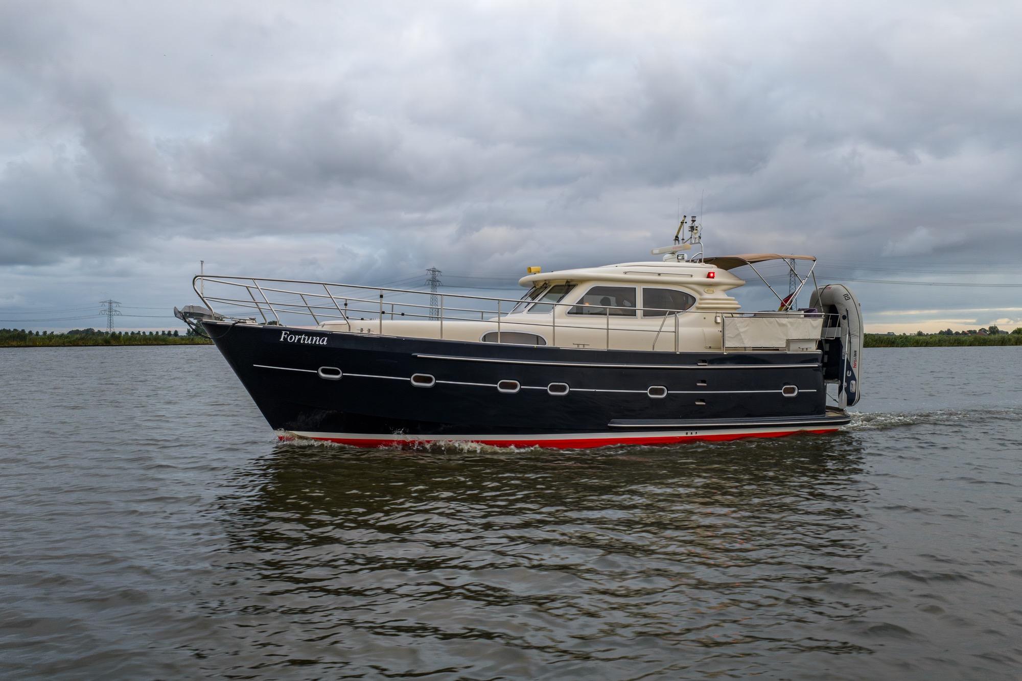 Elling E3 Ultimate 2001 yacht cruising on a calm, overcast waterway.