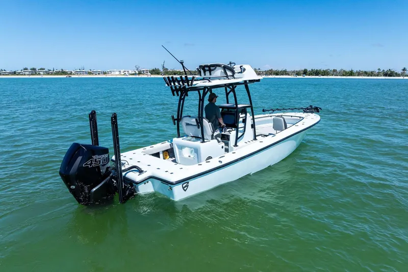  Yacht Photos Pics 2020 Barker Boatworks 26 Open on calm water, featuring powerful outboard engine.