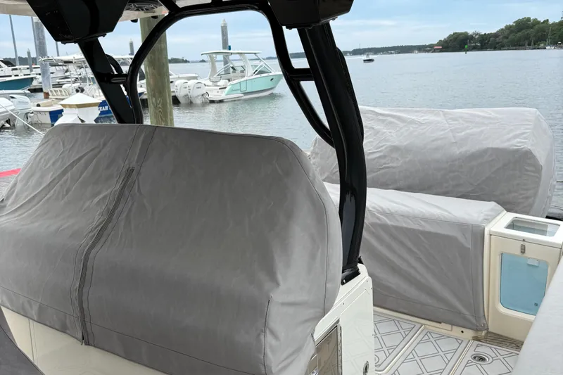 Maryanray Yacht Photos Pics 2024 Scout 377 LXF Custom Helm Seat Cover, Aft Console and Engine Covers - Sunbrella