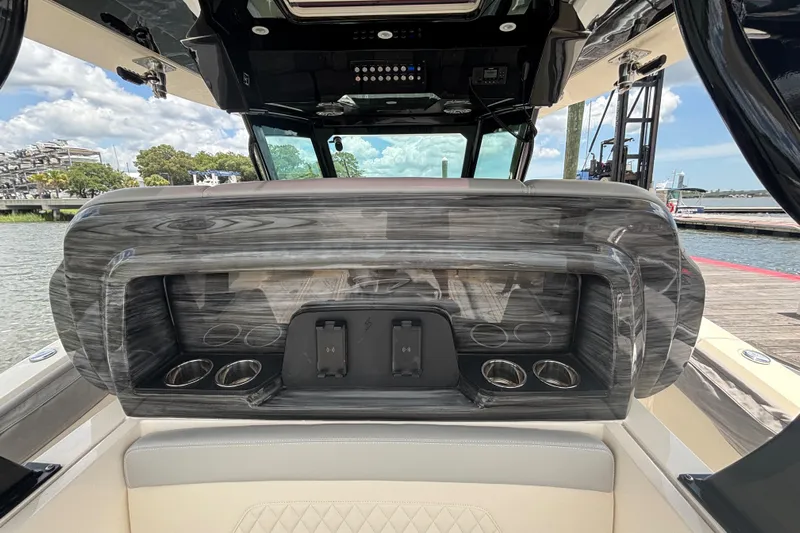 Maryanray Yacht Photos Pics 2024 Scout 377 LXF Custom Faux Teak Paint on Seat Back