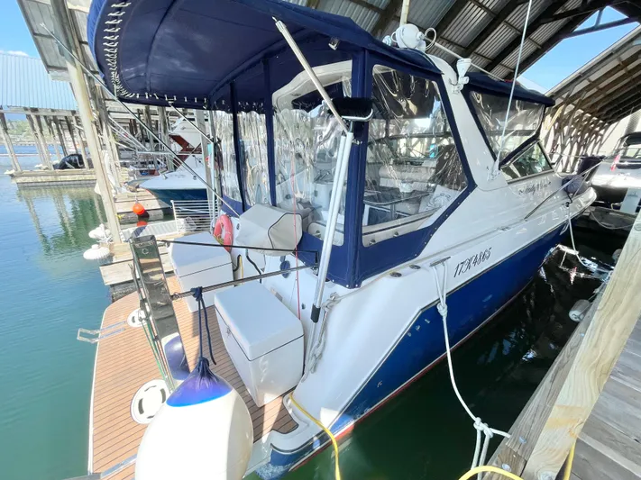 Hailey Brae Yacht Photos Pics 2021 Custom Express Cruiser docked in marina, featuring blue canopy and white seating.