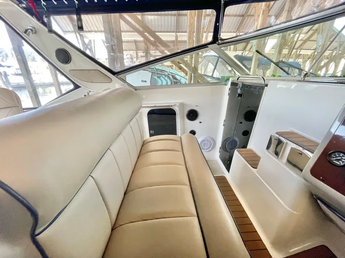Hailey Brae Yacht Photos Pics Interior of 2021 Custom Express Cruiser with beige seating and modern design.