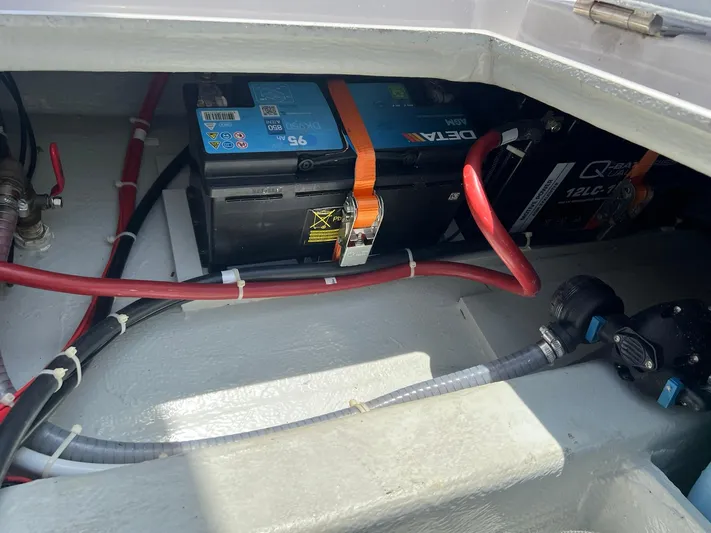  Yacht Photos Pics Battery compartment of 2023 RYCK 28 boat with wiring and connections.