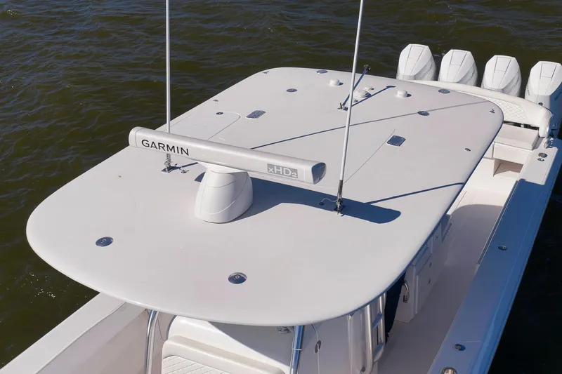 Bahama 41 Yacht Photos Pics 2024 Bahama 41 RD boat with Garmin radar on calm water.