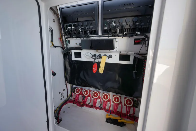 Bahama 41 Yacht Photos Pics Electrical panel of 2024 Bahama 41 RD boat with Garmin equipment and wiring.