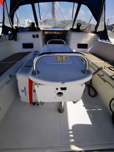 Phat Dolphin Yacht Photos Pics Cockpit of 2019 Jeanneau Sun Odyssey 479 sailboat with seating and navigation equipment.