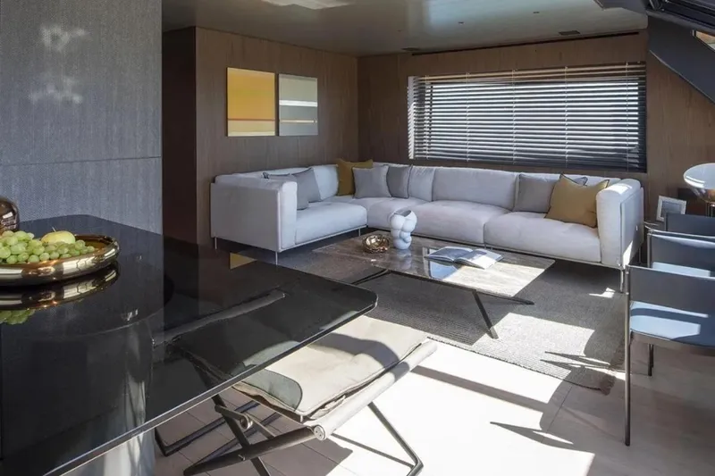  Yacht Photos Pics Luxurious interior of 2025 Bluegame BG74 yacht with modern furnishings and elegant decor.