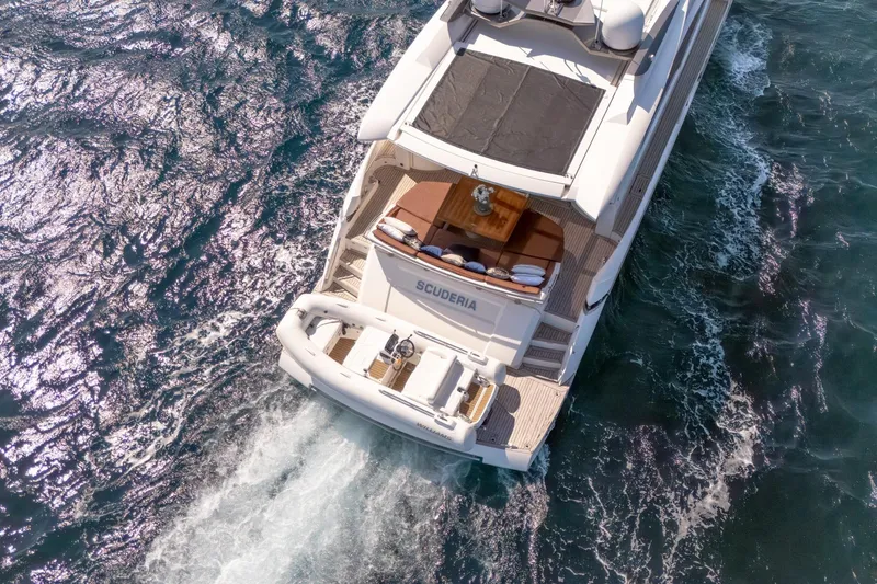 Scuderia Yacht Photos Pics Aerial view of 2010 Absolute 70 STY yacht cruising on the ocean.
