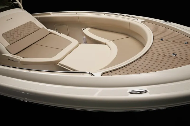  Yacht Photos Pics 2019 Chris-Craft Catalina 34 boat interior with elegant seating and teak flooring.