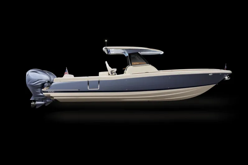  Yacht Photos Pics 2019 Chris-Craft Catalina 34 boat, side view, sleek design, dark background.