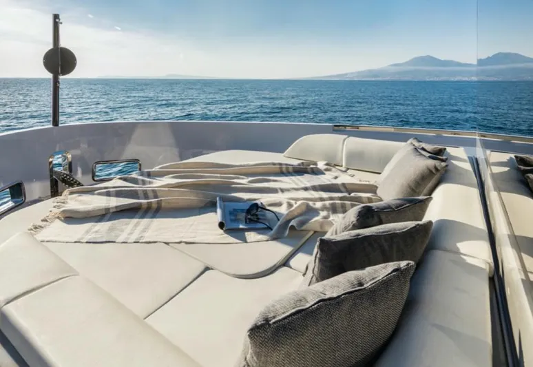  Yacht Photos Pics Luxurious Arcadia Yachts A 85 (2015) deck with sun loungers and ocean view.