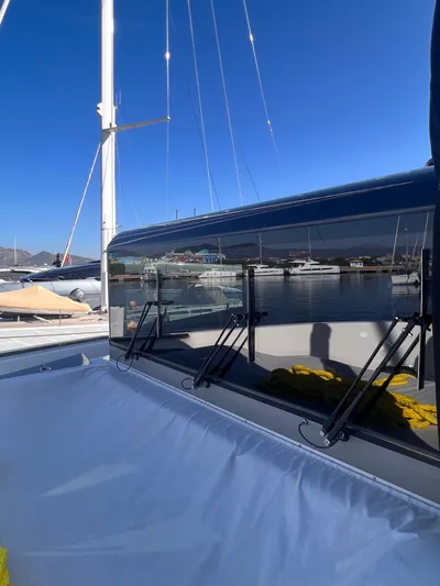  Yacht Photos Pics Arcadia Yachts A 85, 2015 model, docked with clear blue sky background.