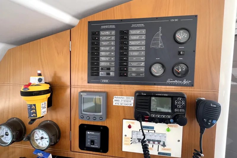  Yacht Photos Pics Control panel of a 2002 Fountaine Pajot LAVEZZI 40 catamaran with navigation instruments.