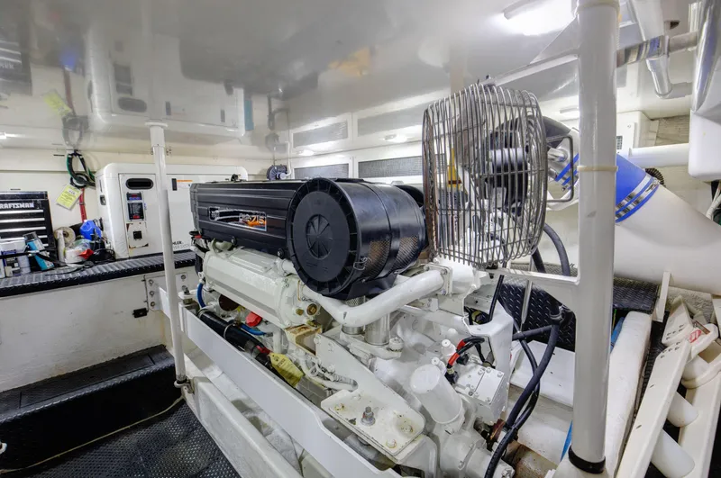  Yacht Photos Pics Engine room of a 2006 Silverton 50 Convertible yacht, showcasing machinery and equipment.