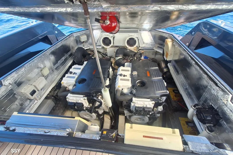 African Yacht Photos Pics Engine compartment of a 2017 Maori 50 T-Top boat, showcasing dual engines.