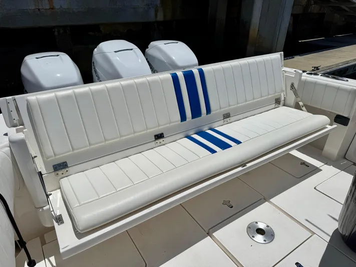  Yacht Photos Pics White and blue seating on a 2017 Intrepid 400 Center Console boat.