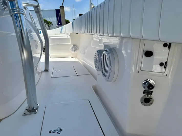  Yacht Photos Pics 2017 Intrepid 400 Center Console boat interior with speakers and storage compartments.