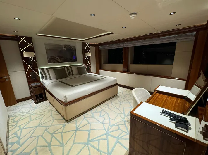 Sehamia Yacht Photos Pics Luxurious bedroom interior of 2018 Gulf Craft Majesty 155 yacht with elegant furnishings.